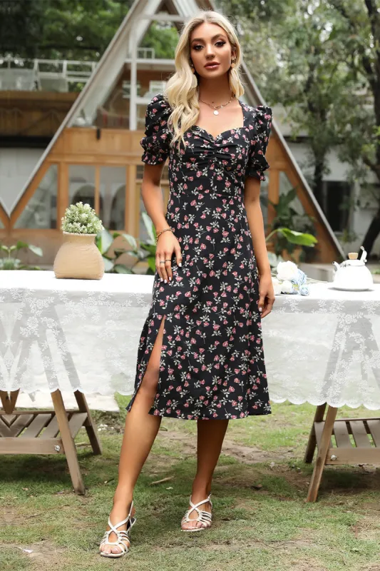 Floral Print Black Midi Summer Dress sold by Zapaka