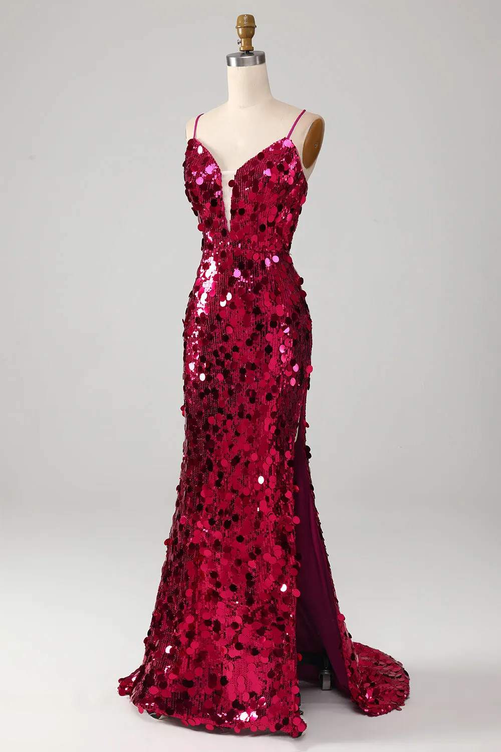 Sparkly Mermaid Spaghetti Straps Fuchsia Sequins Long Prom Dress with Slit sold by Zapaka product image thumbnail 3