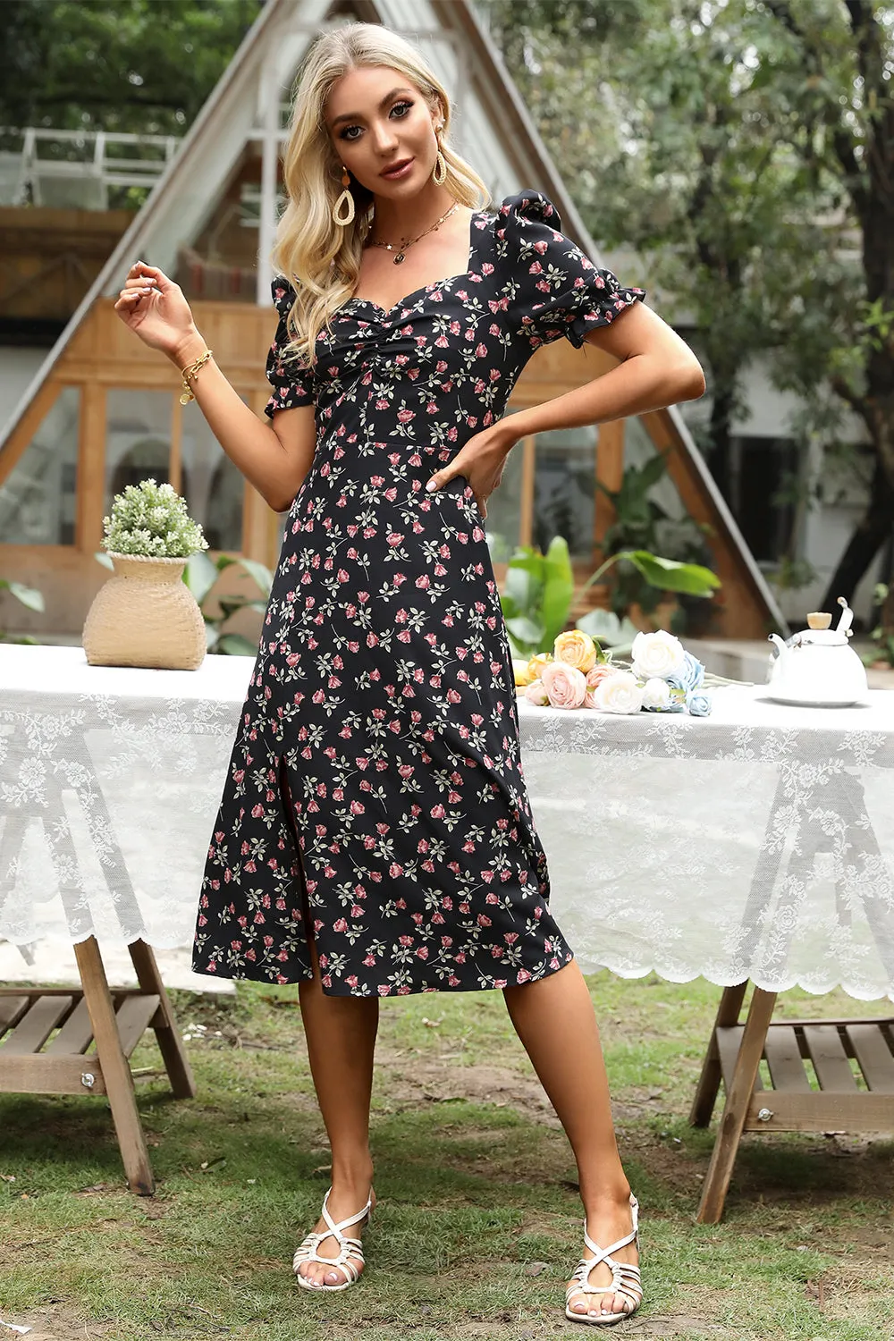 Floral Print Black Midi Summer Dress sold by Zapaka product image thumbnail 5