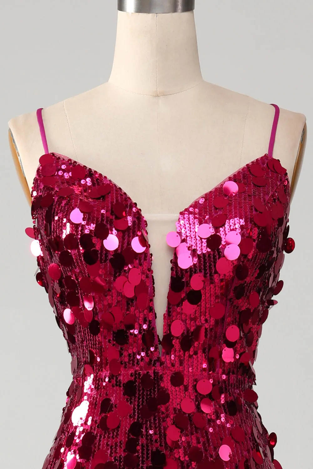 Sparkly Mermaid Spaghetti Straps Fuchsia Sequins Long Prom Dress with Slit sold by Zapaka product image thumbnail 4