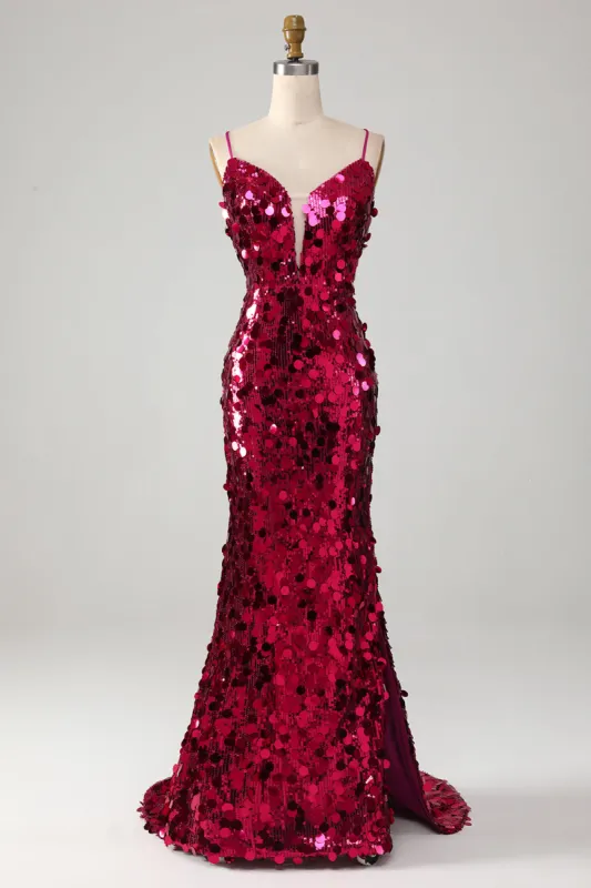 Sparkly Mermaid Spaghetti Straps Fuchsia Sequins Long Prom Dress with Slit sold by Zapaka