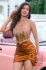Sparkly Tight Strapless Corset Pleated Copper Homecoming Dress with Beading sold by Zapaka