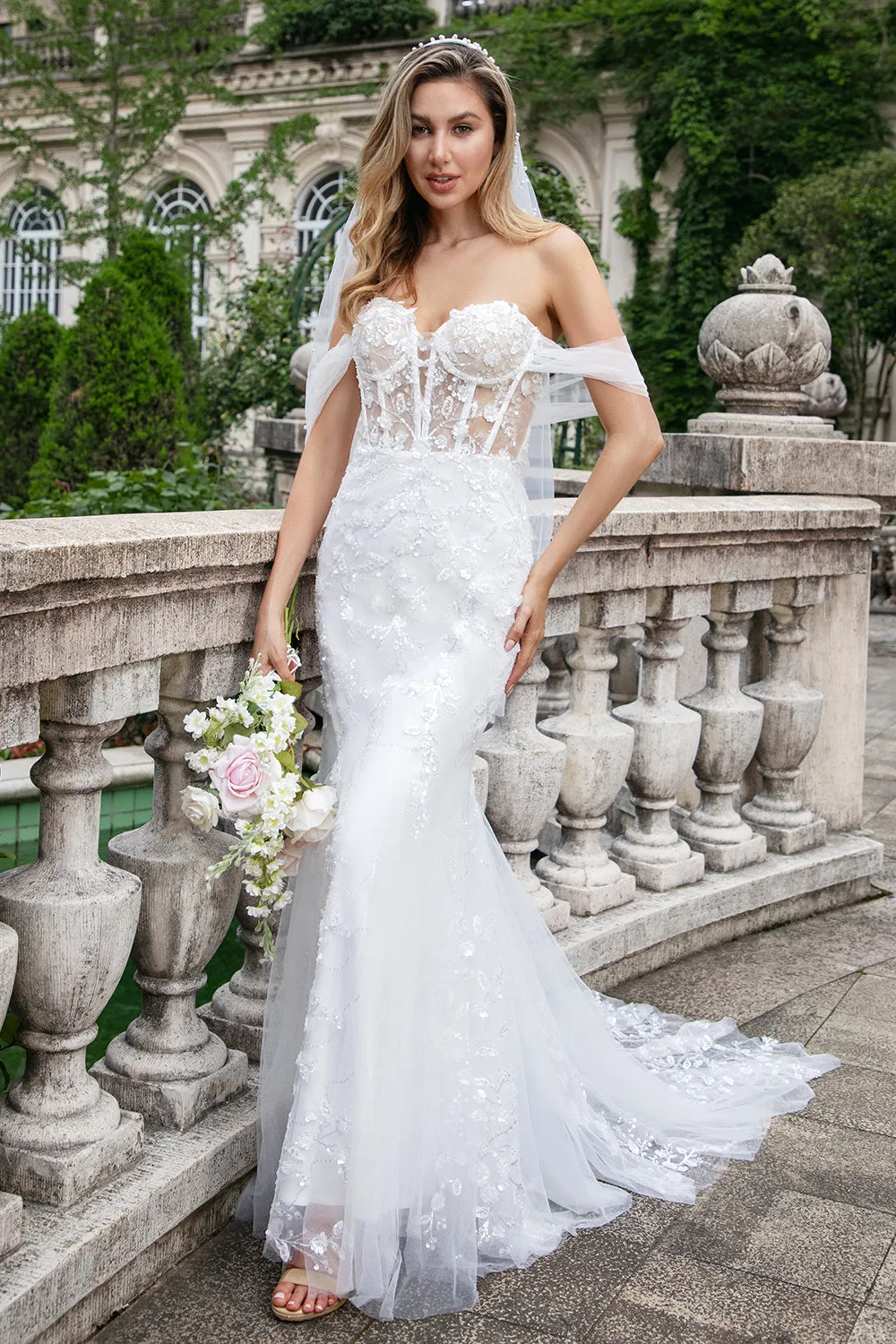Sparkly White Off the Shoulder Corset Mermaid Tulle Wedding Dress with Sequins sold by Zapaka product image thumbnail 3