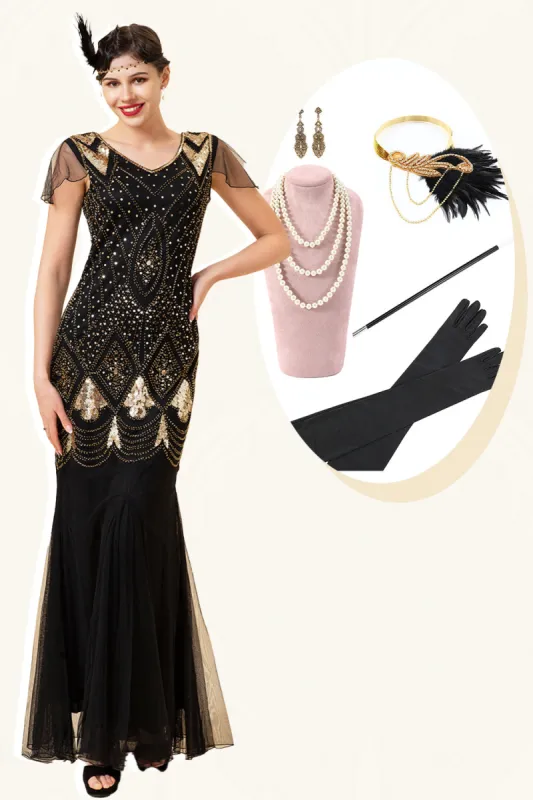 Black and Golden Cap Sleeves Sequined Long 1920s Gatsby Flapper Dress with 20s Accessories Set sold by Zapaka