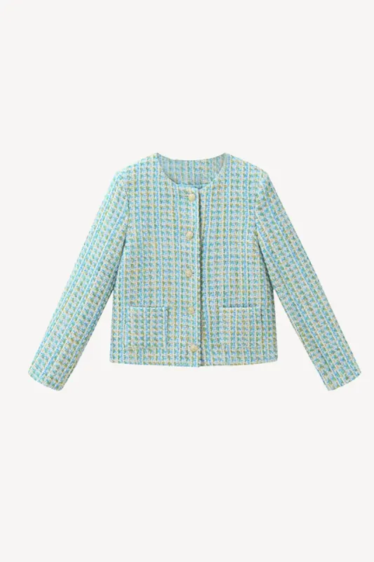 Blue Plaid Open Front Long Sleeves Women Jacket sold by Zapaka