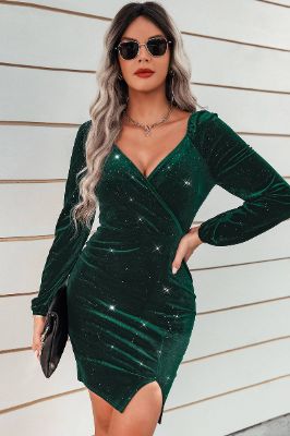 Dark Green Velvet Holiday Party Dress with Long Sleeves sold by Zapaka
