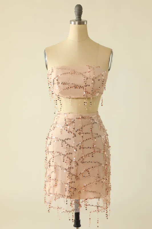 Two Piece Sequins Strapless Pink Homecoming Dress sold by Zapaka