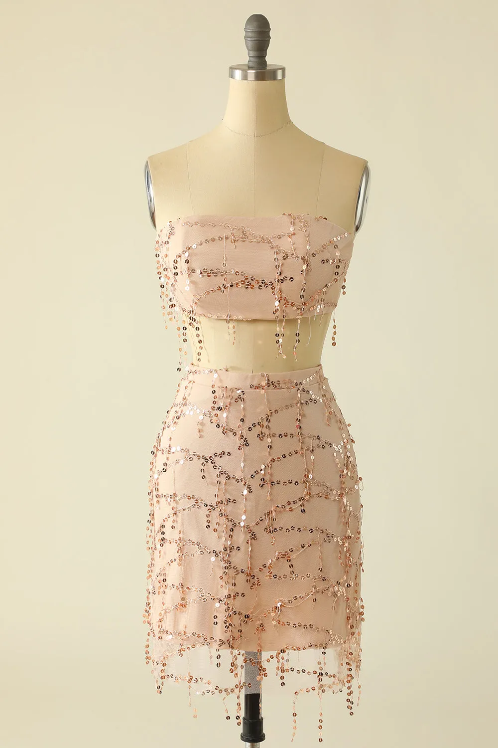 Two Piece Sequins Strapless Pink Homecoming Dress sold by Zapaka
