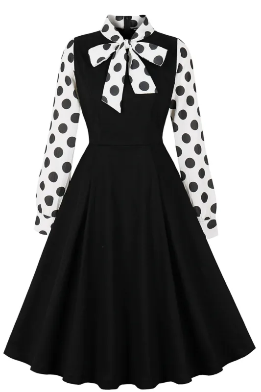 Black Polka Dot Swing 1950s Dress with Bows sold by Zapaka
