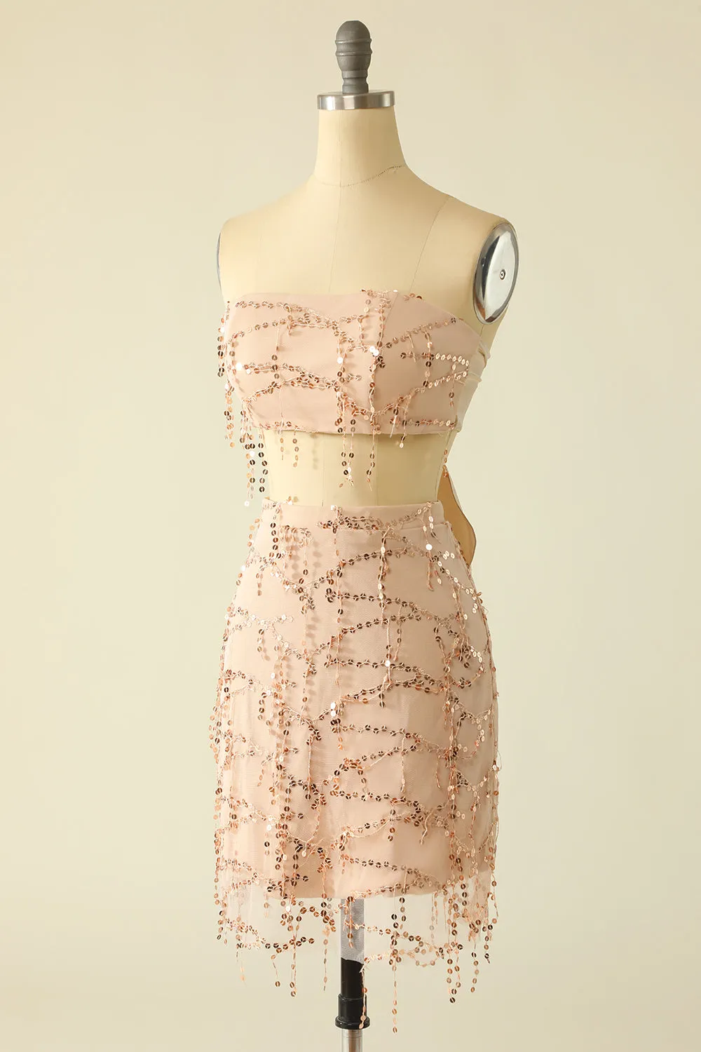 Two Piece Sequins Strapless Pink Homecoming Dress sold by Zapaka product image thumbnail 3