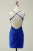 Sheath Spaghetti Straps Royal Blue Short Homecoming Dress with Appliques sold by Zapaka