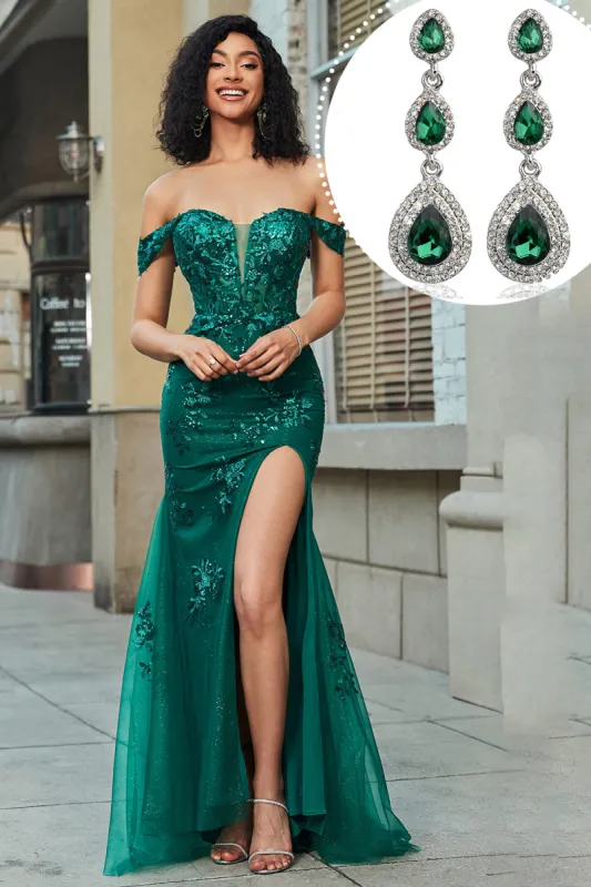 Dark Green Off the Shoulder Appliques Tulle Prom Dress with Accessory sold by Zapaka