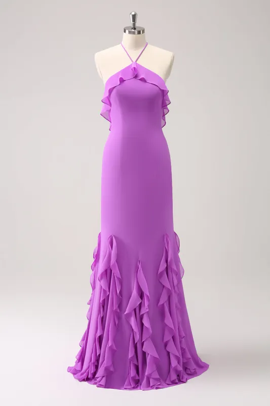 Tahiti Mermaid Halter Ruffle Chiffon Long Bridesmaid Dress sold by Zapaka