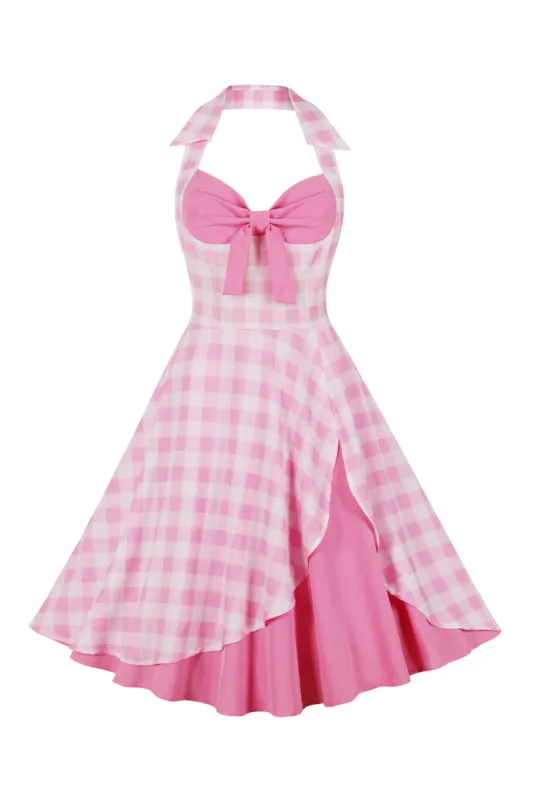 Retro Styles A Line Halter Neck Pink Plaid 1950s Dress sold by Zapaka