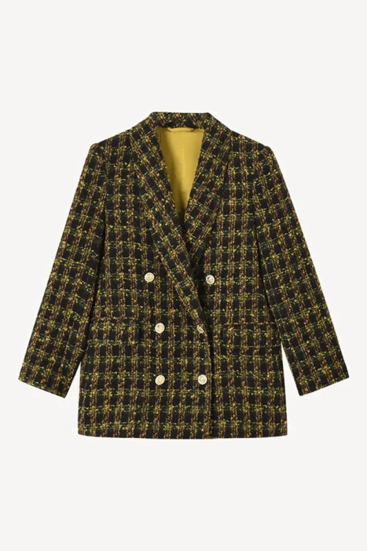 Yellow Plaid Double Breasted Tweed Women Blazer sold by Zapaka