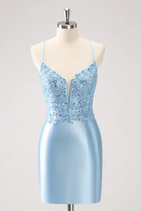 Blue Spaghetti Straps Tight Short Homecoming Dress with Appliques sold by Zapaka