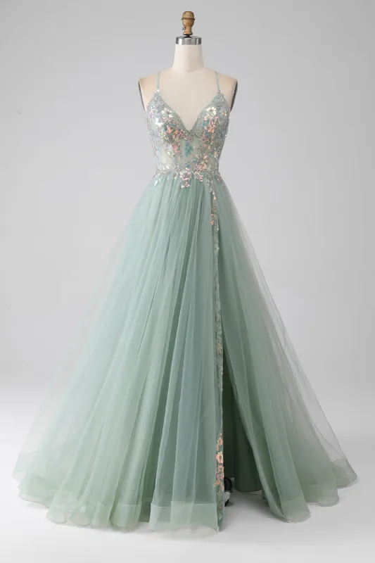 A-Line Beaded Light Green Prom Dress with Slit sold by Zapaka