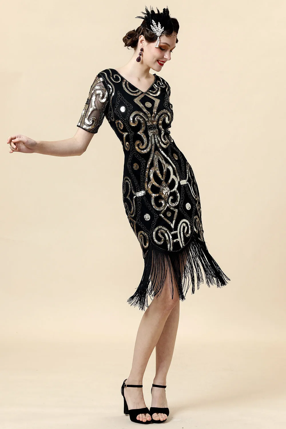 Vintage Fringed Glitter Flapper Dress with 1920s Accessories Set sold by Zapaka product image thumbnail 5