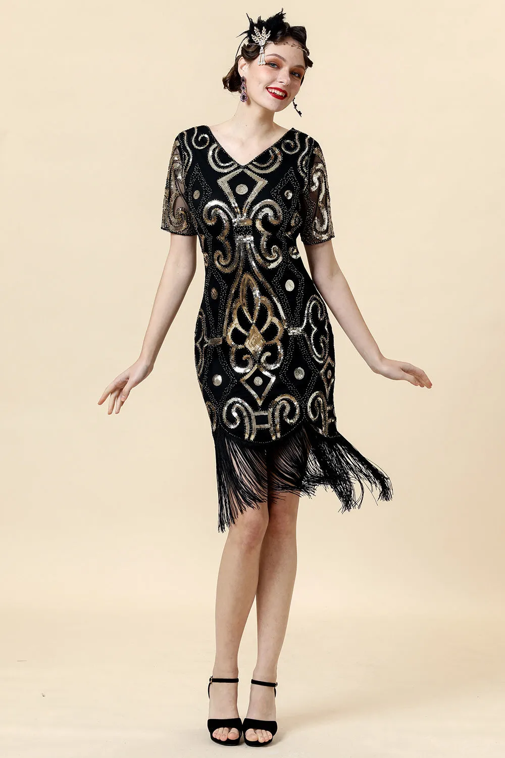 Vintage Fringed Glitter Flapper Dress with 1920s Accessories Set sold by Zapaka product image thumbnail 2