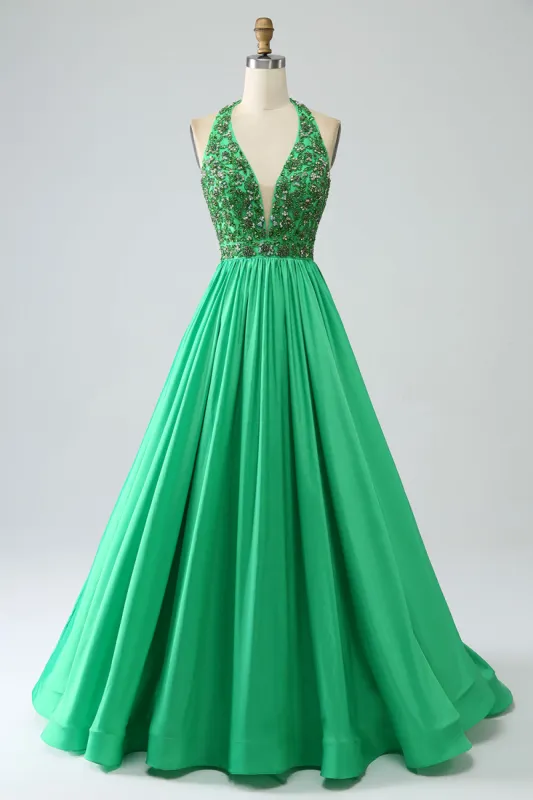 Satin Green Halter Prom Dress with Beading sold by Zapaka