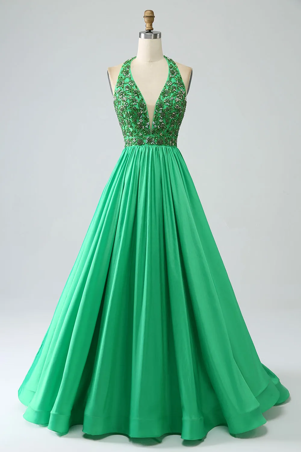 Satin Green Halter Prom Dress with Beading sold by Zapaka