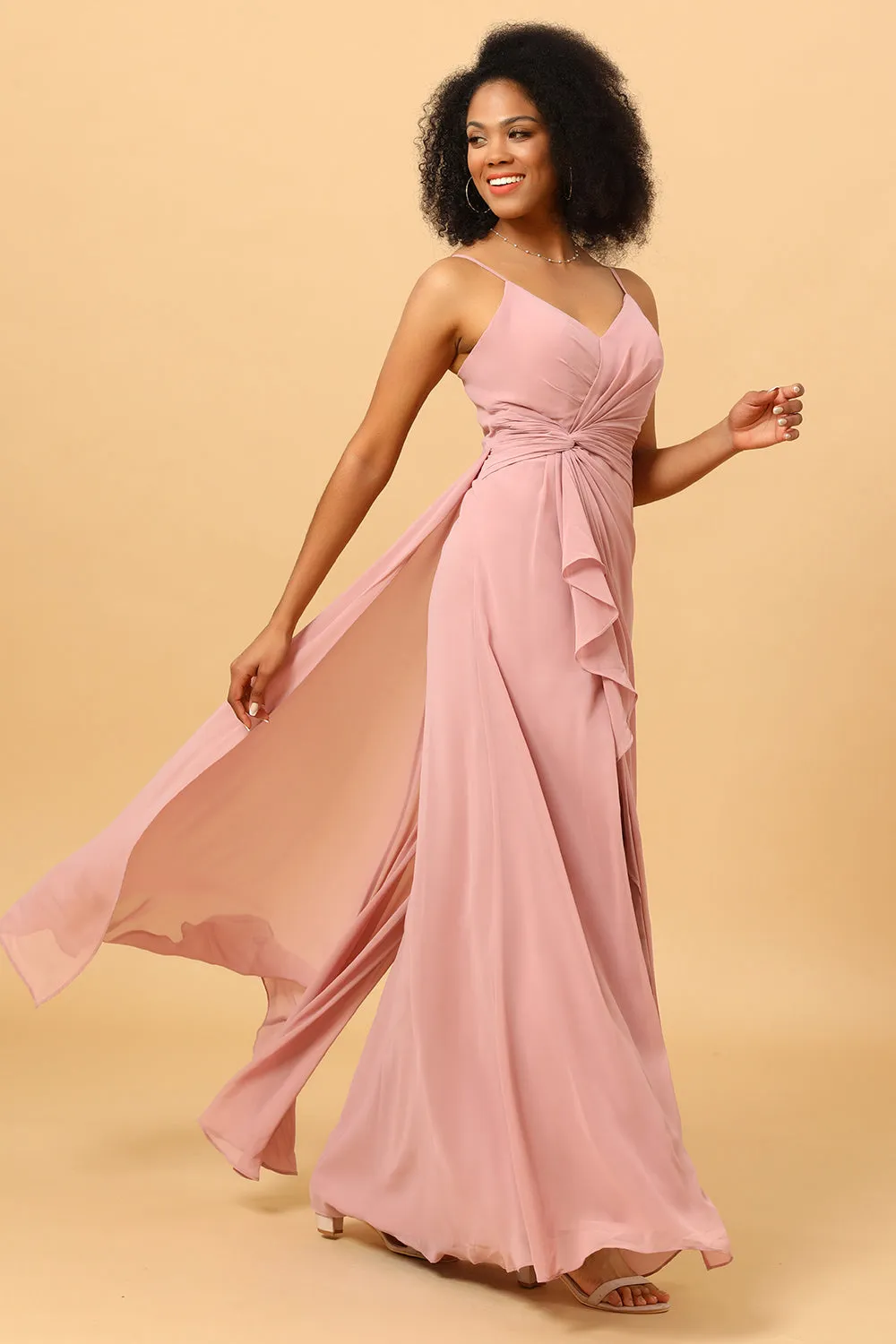 A Line Spaghetti Straps Blush Long Bridesmaid Dress with Split Front sold by Zapaka product image thumbnail 5