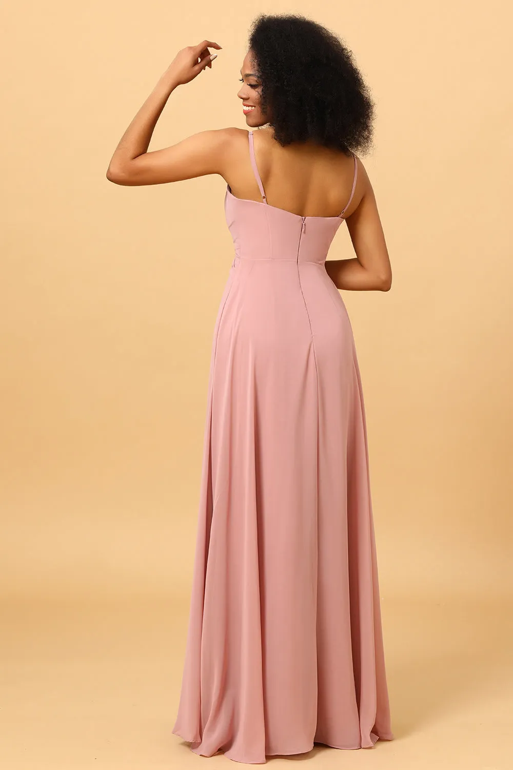 A Line Spaghetti Straps Blush Long Bridesmaid Dress with Split Front sold by Zapaka product image thumbnail 2