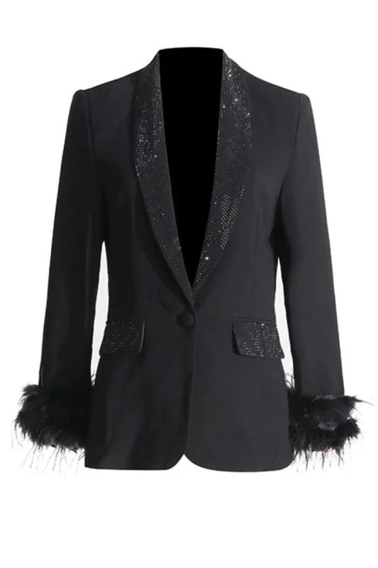 Sparkly Shawl Lapel Women Blazer with Feathers sold by Zapaka