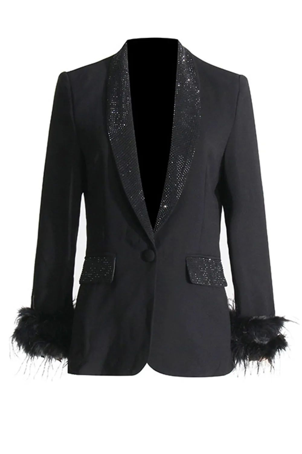 Sparkly Shawl Lapel Women Blazer with Feathers sold by Zapaka