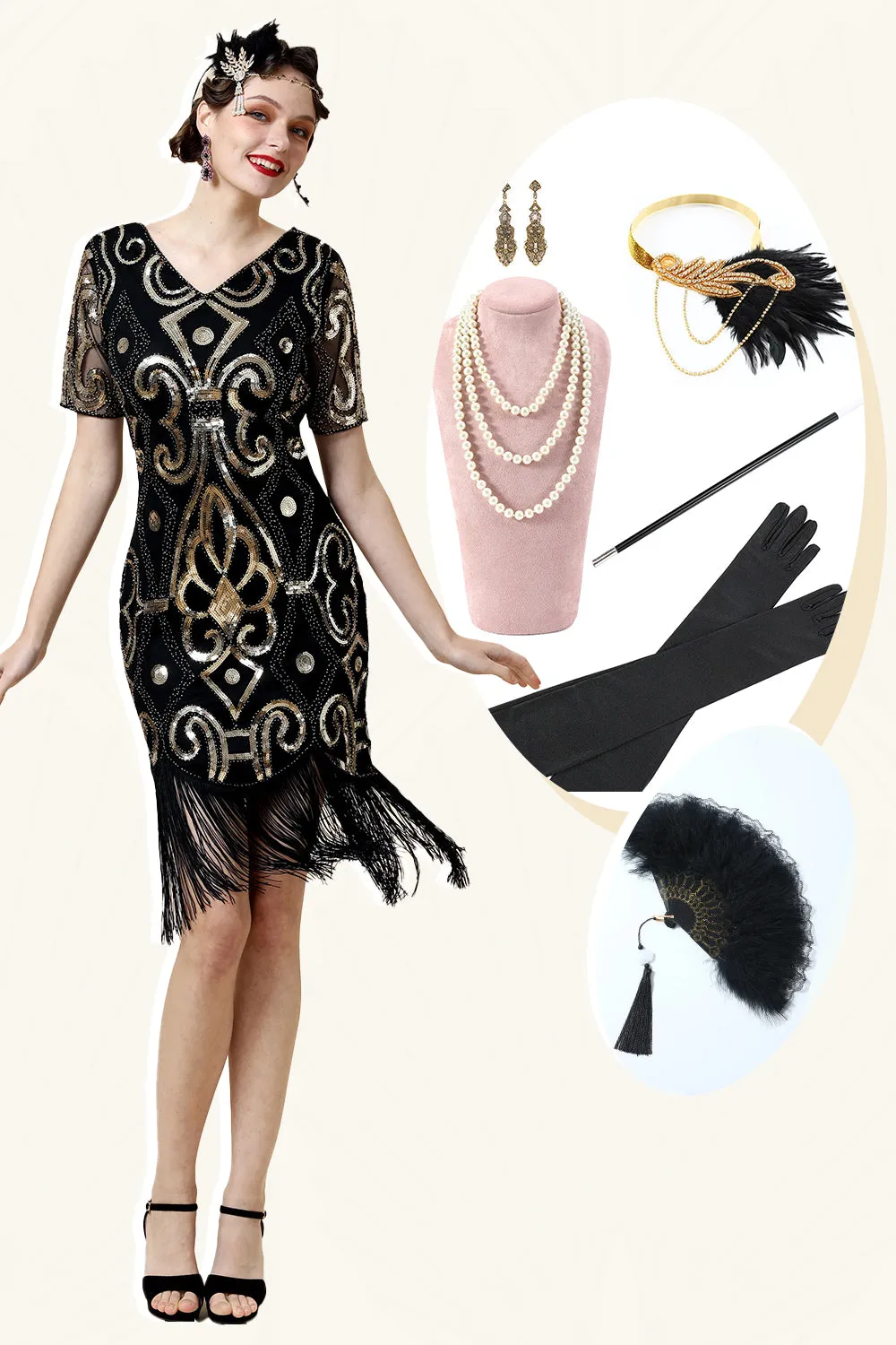 Vintage Fringed Glitter Flapper Dress with 1920s Accessories Set sold by Zapaka