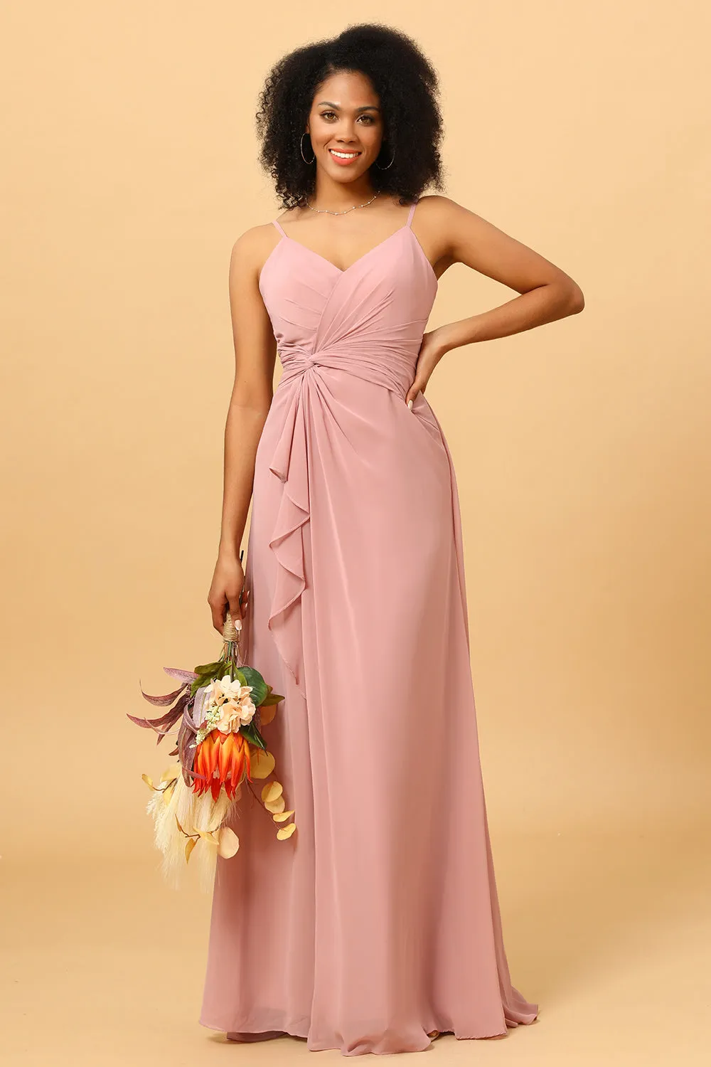 A Line Spaghetti Straps Blush Long Bridesmaid Dress with Split Front sold by Zapaka product image thumbnail 3