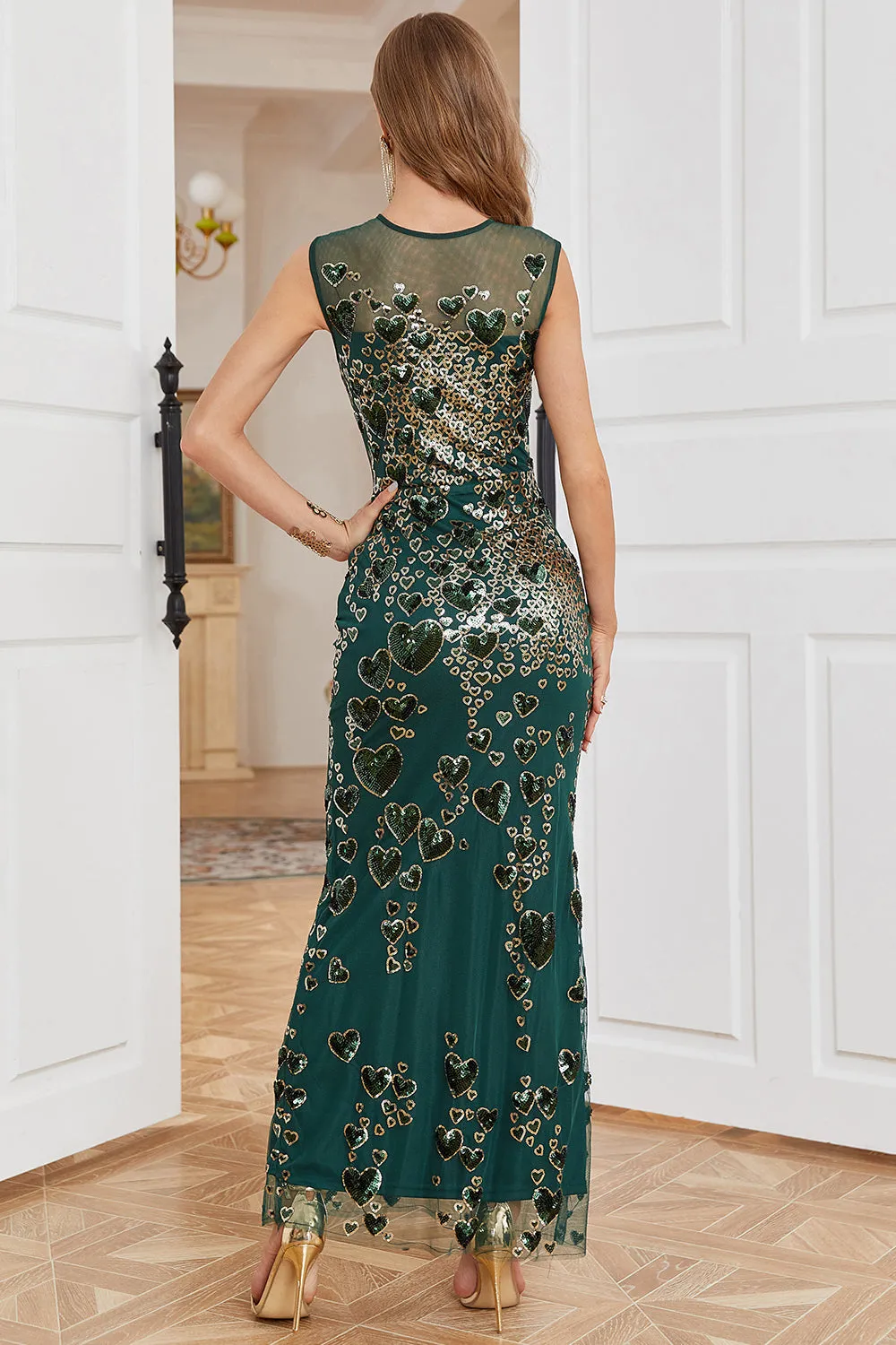 Sheath Round Neck Dark Green Beaded Formal Evening Party Dress sold by Zapaka product image thumbnail 2