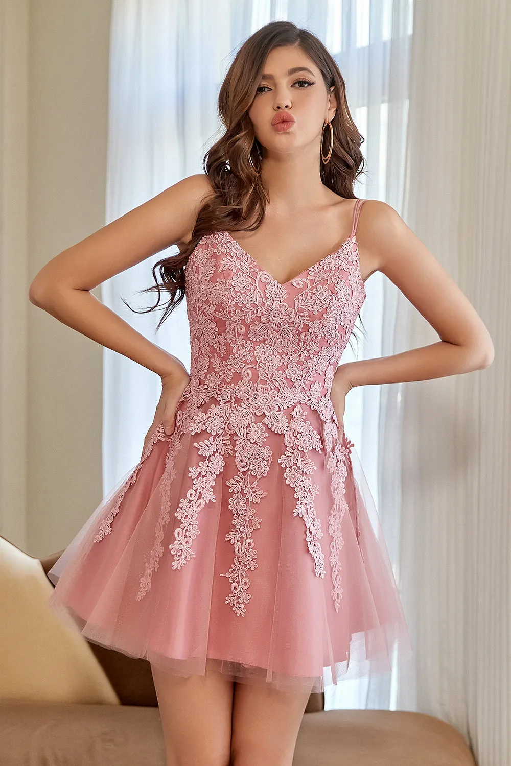 A Line Spaghetti Straps Blush Short Homecoming Dress with Appliques sold by Zapaka product image thumbnail 4