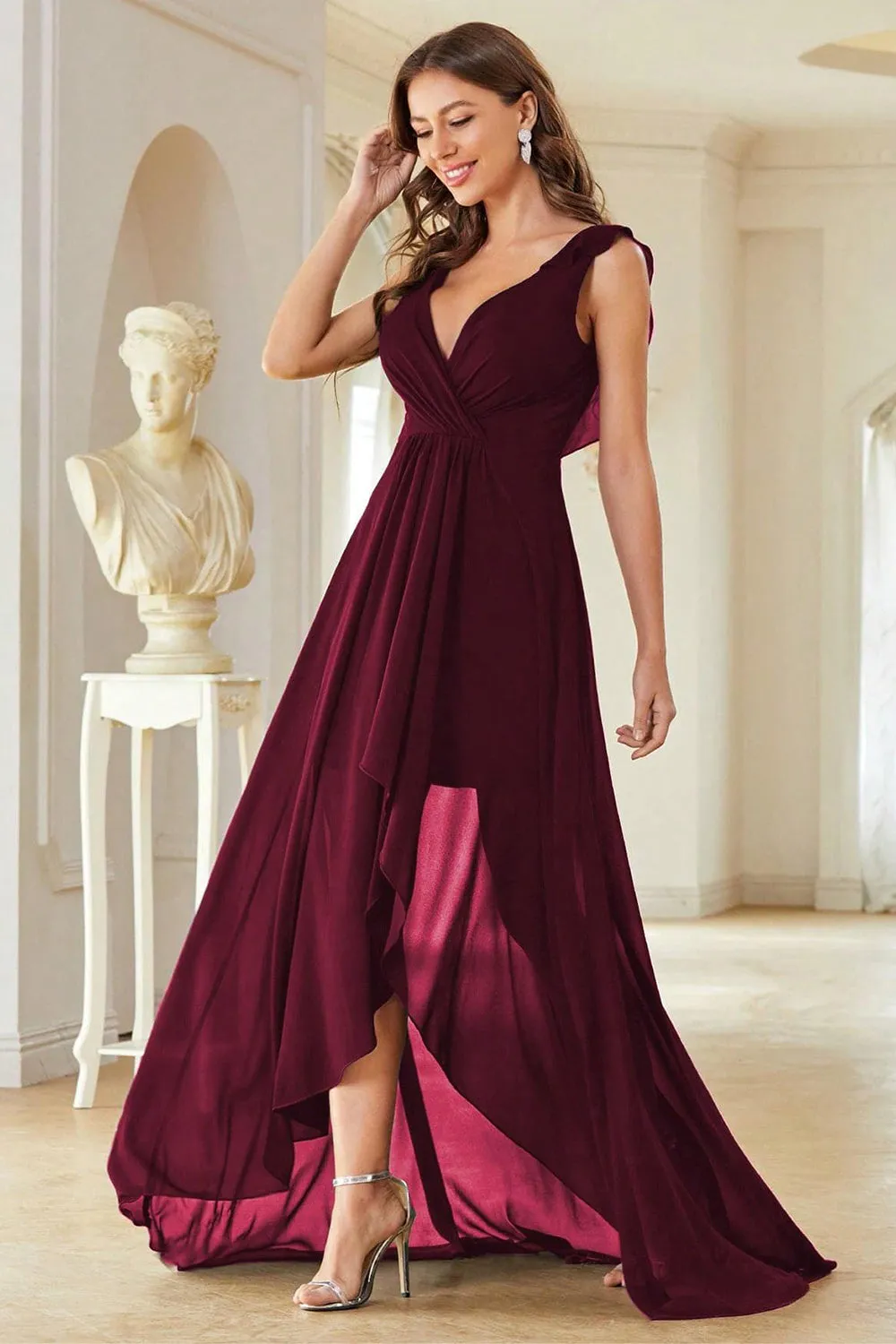 A-Line Burgundy V-Neck Chiffon High Low Prom Dress sold by Zapaka product image thumbnail 4