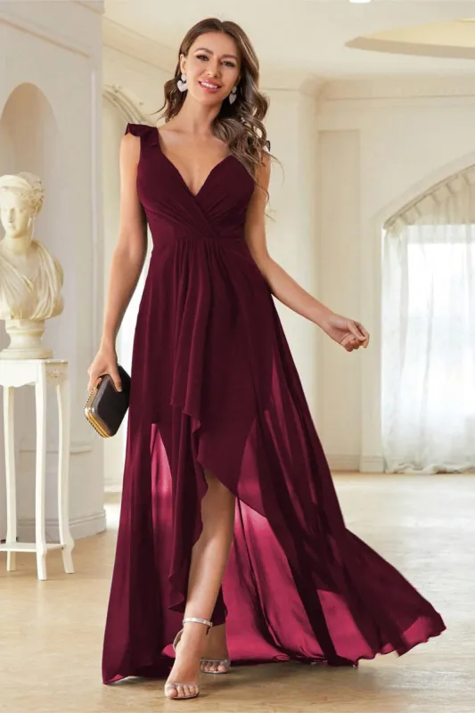 A-Line Burgundy V-Neck Chiffon High Low Prom Dress sold by Zapaka