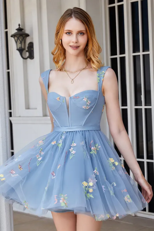 Cute A Line Sweetheart Grey Blue Short Homecoming Dress with Embroidery sold by Zapaka