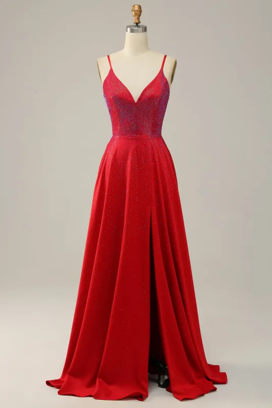 A Line Red Spaghetti Straps Beaded Long Prom Dress sold by Zapaka