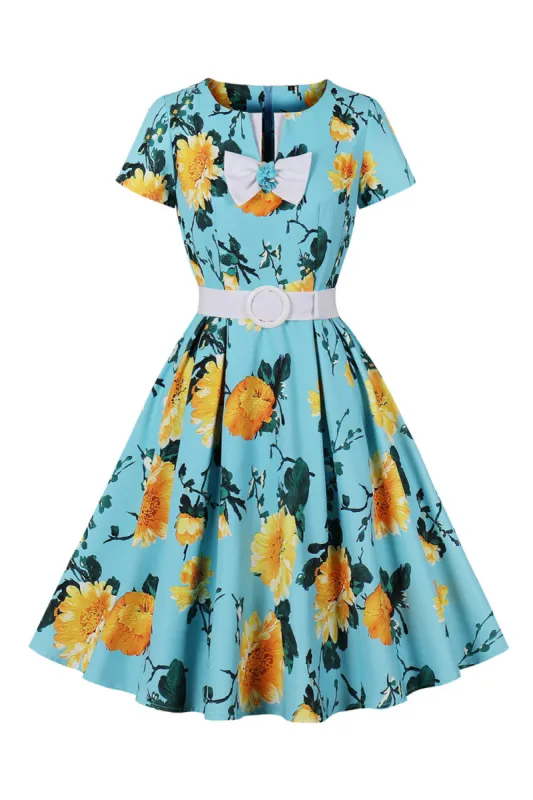 Blue Flower Print Short Sleeves Vintage Dress sold by Zapaka