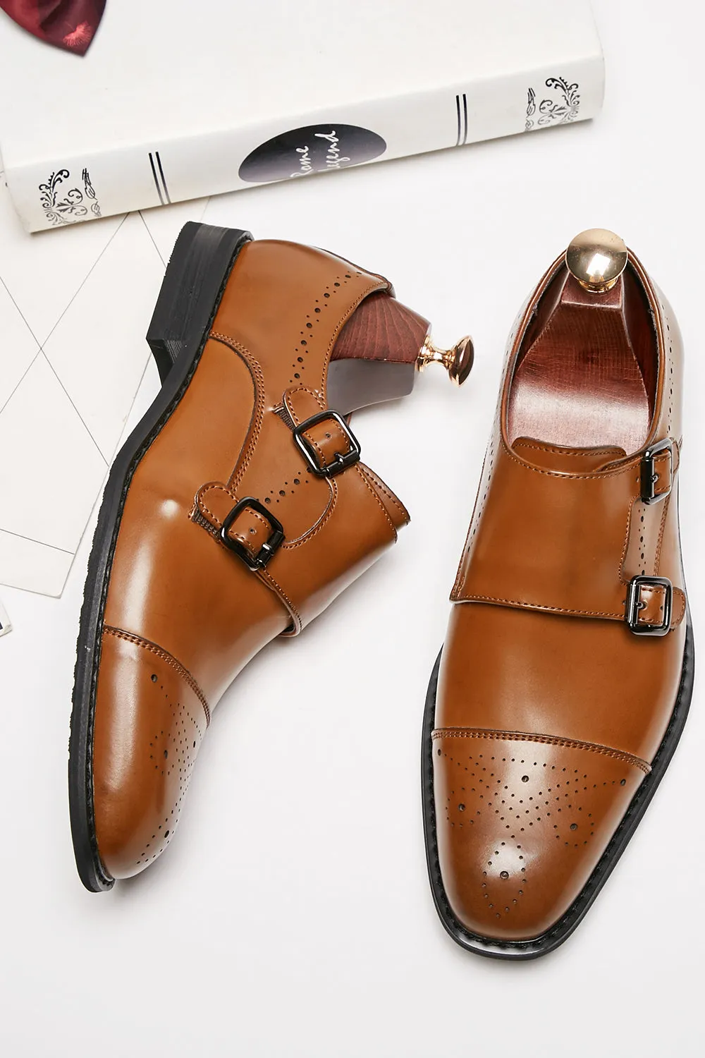 Brown Monk Strap Men's Leather Slip-On Dress Shoes sold by Zapaka product image thumbnail 5