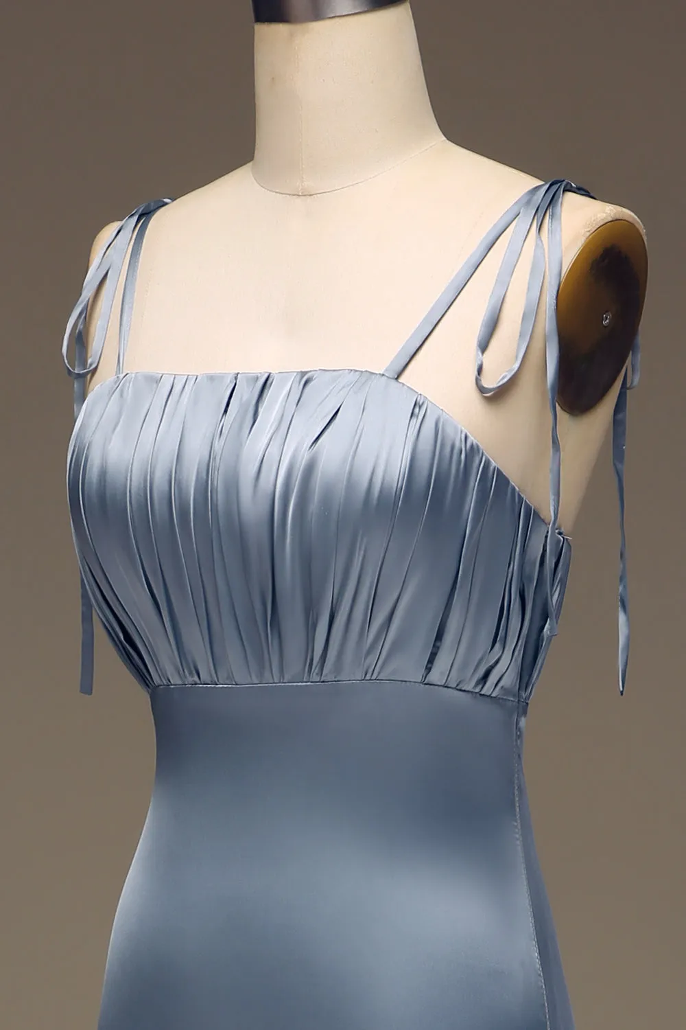 Dusty Blue Spaghetti Straps Sheath Satin Pleated Bridesmaid Dress sold by Zapaka product image thumbnail 4