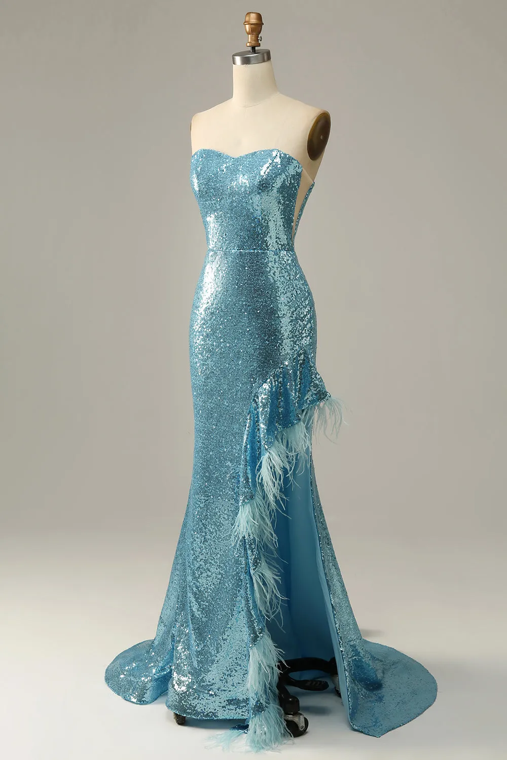 Sky Blue Sweetheart Sequined Mermaid Prom Dress With Feathers sold by Zapaka product image thumbnail 4