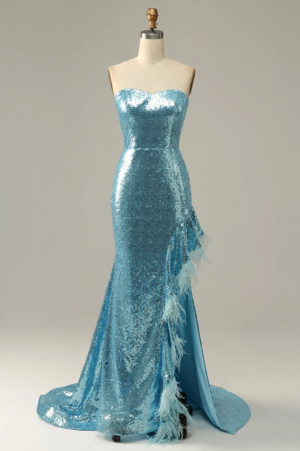 Sky Blue Sweetheart Sequined Mermaid Prom Dress With Feathers sold by Zapaka