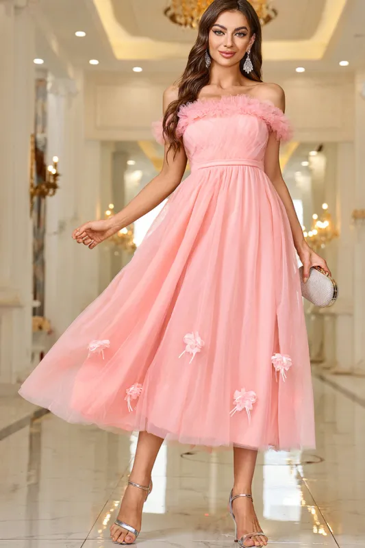 Pink A Line Off The Shoulder Prom Dress with Lace Up Back sold by Zapaka