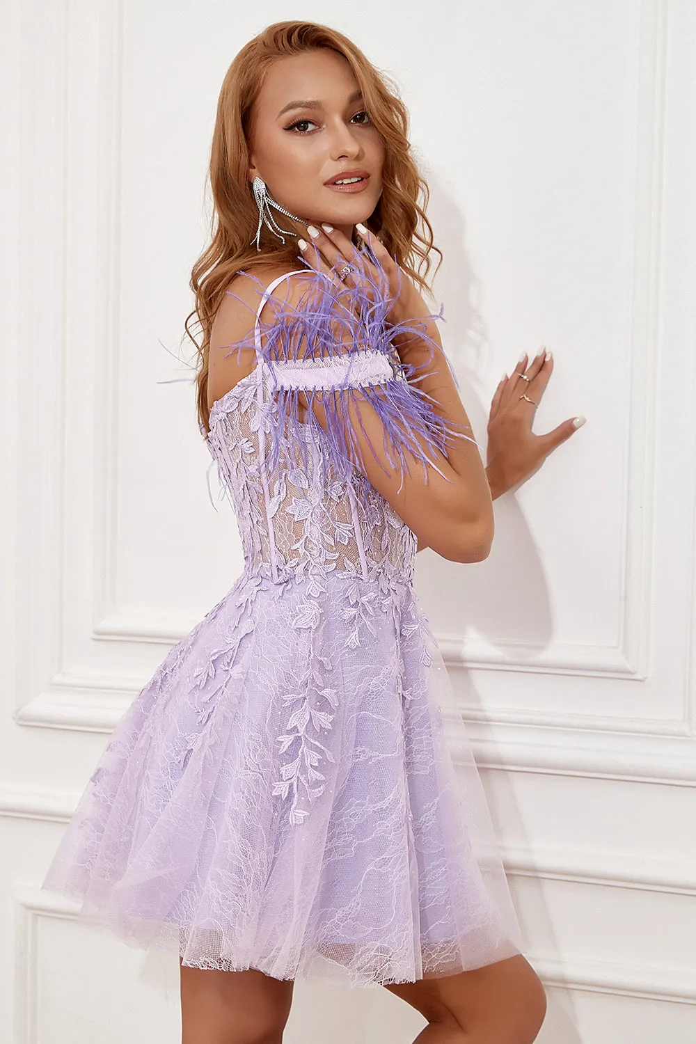Lavender Off Shoulder Homecoming Dress with Feathers sold by Zapaka product image thumbnail 5
