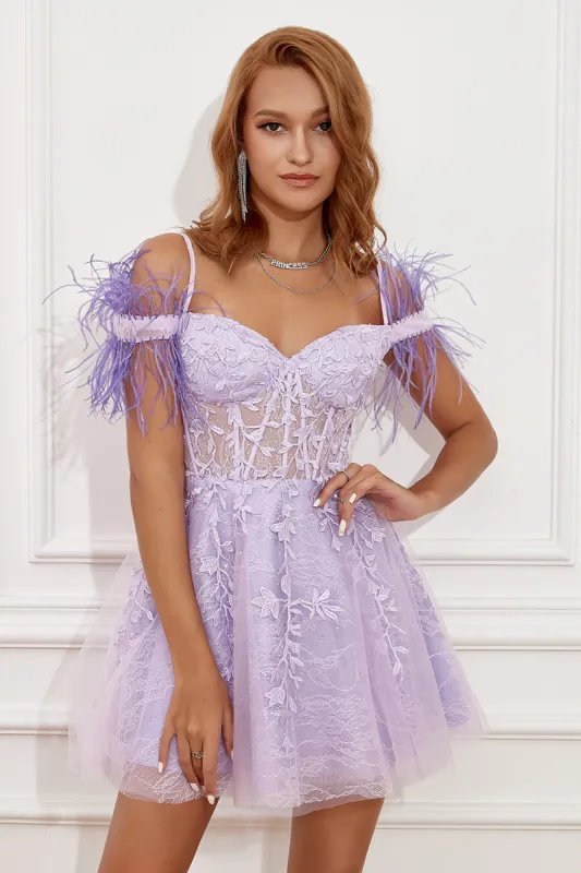 Lavender Off Shoulder Homecoming Dress with Feathers made by Zapaka