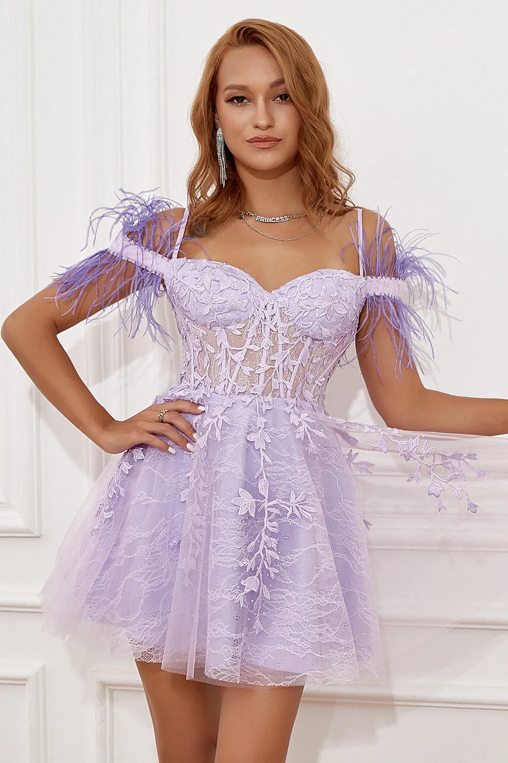 Lavender Off Shoulder Homecoming Dress with Feathers sold by Zapaka product image thumbnail 4