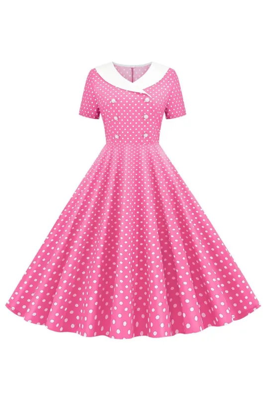 Polka Dots Pink Boat Neck Short Sleeves 1950s Dress With Bowknot sold by Zapaka