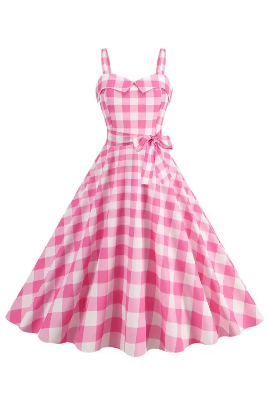 Plaid Pink Spaghetti Straps A Line 1950s Dress sold by Zapaka