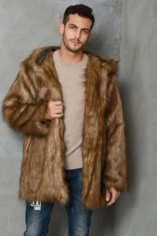 Coffee Lapel Neck Midi Faux Fur Men Coat sold by Zapaka