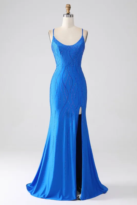 Mermaid Beaded Royal Blue Prom Dress with Slit sold by Zapaka